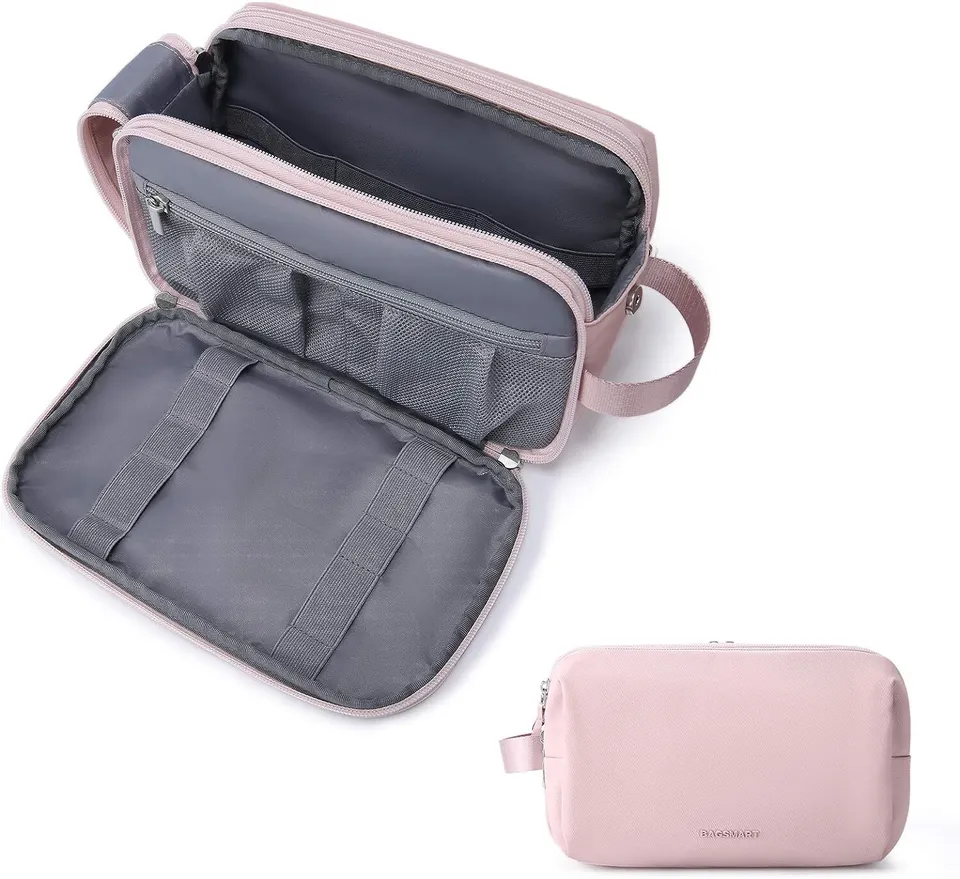 BAGSMART Space Saver Pro Toiletry Bag with Cosmetic Bag for Travel, Large / Baby Pink