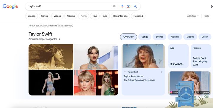 A blue vault appears in the corner of the screen when fans Google Taylor Swift's name