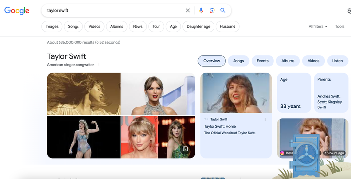 A blue vault appears in the corner of the screen when fans Google Taylor Swift's name