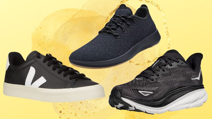 Vega Campo Easy Two-Tone leather sneakers, Allbirds Wool Runner Mizzles sneakers and Hoka Clifton 9 sneakers.