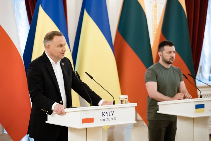 President of Poland Andrzej Duda (L) and Zelenskyy (R) during a joint press conference on June 28, 2023 in Kyiv, Ukraine.