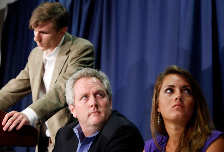 James O'Keefe (left) and Hannah Giles (right) appeared at a news event with the late conservative commentator Andrew Breitbart in 2009.