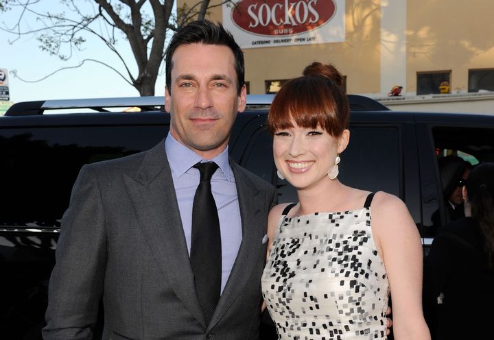 Jon Hamm and Ellie Kemper arrive at the premiere of Universal Pictures' "Bridesmaids" on April 28, 2011, in Los Angeles.