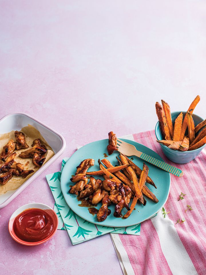 Sticky chicken with sweet potato fries