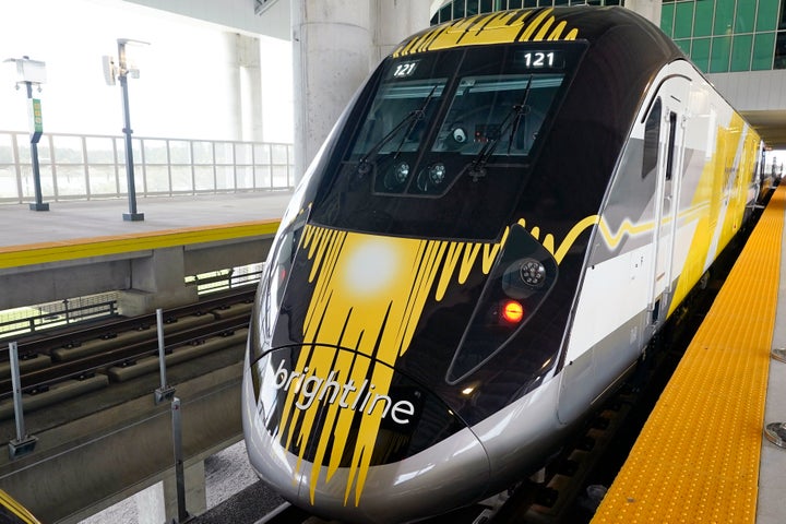 A Brightline train is parked at its Orlando station to celebrate the completion of the construction of the Brightline high-speed rail in Orlando on June 21.