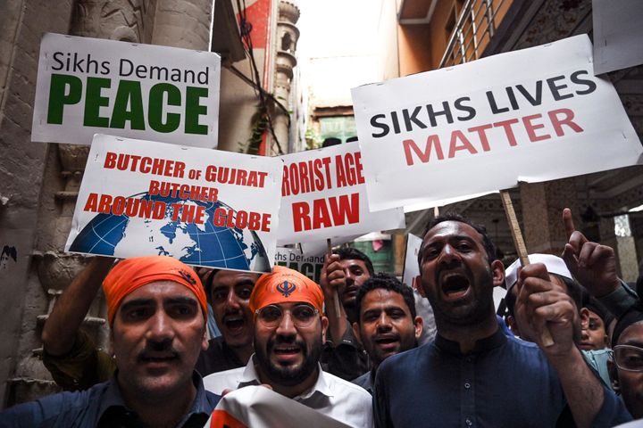 Members of Pakistan's Sikh community take part in a protest in Peshawar on September 20, 2023, following the killing in Canada of Sikh leader Hardeep Singh Nijjar. India on September 19 rejected the "absurd" allegation that its agents were behind the killing of a Sikh leader in Canada, after Prime Minister Justin Trudeau's bombshell accusation sent already sour diplomatic relations to a new low. (Photo by Abdul MAJEED / AFP) (Photo by ABDUL MAJEED/AFP via Getty Images)