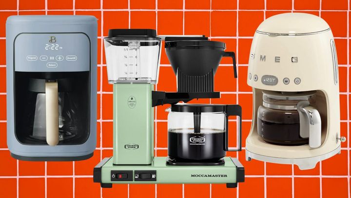 A touch-display brewer, a classic Technivorm Moccamaster and a Smeg retro coffee maker. 