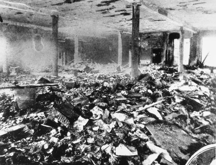 This photo shows the aftermath of the Triangle Shirtwaist Factory fire in 1911. 
