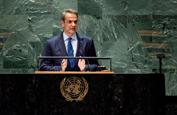 Prime Minister of Greece Kyriakos Mitsotakis addresses the 78th session of the United Nations General Assembly, Thursday, Sept. 21, 2023. (AP Photo/Craig Ruttle)