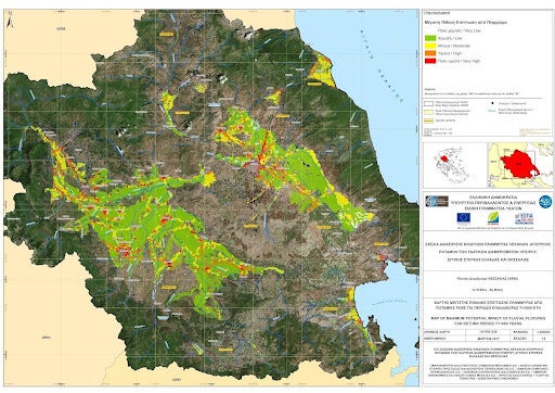 Εικ.1: Χάρτης μέγιστης πιθανής επίπτωσης πλημμύρας από ποτάμιες ροές για περίοδο επαναφοράς χιλίων ετών.