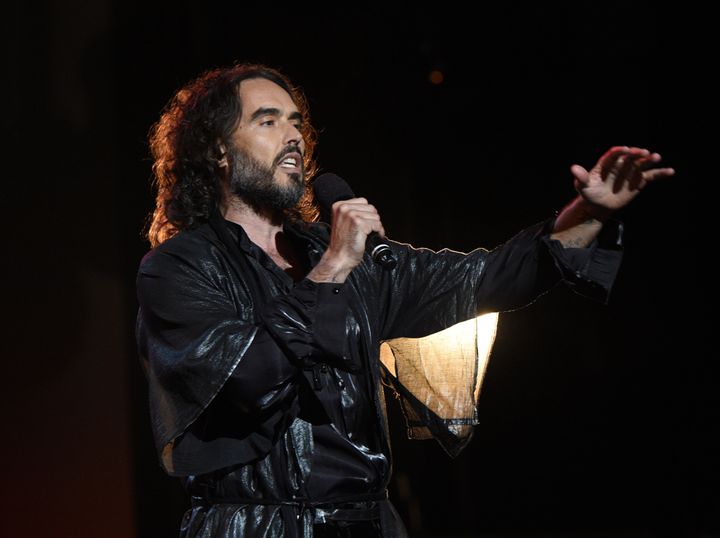 Russell Brand on stage in January 2020