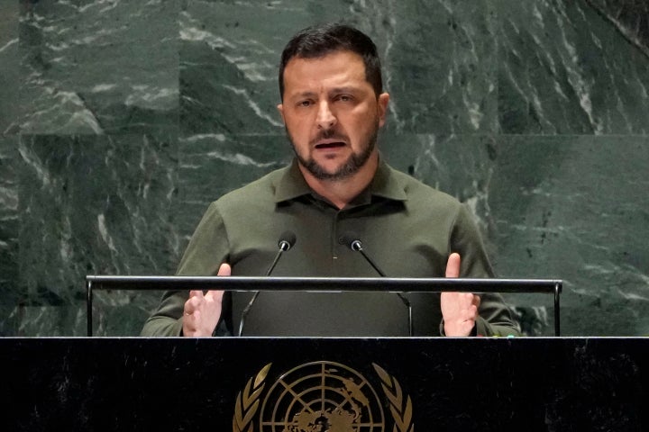 Ukraine's President Volodymyr Zelenskyy addresses the 78th session of the United Nations General Assembly, Tuesday, Sept. 19, 2023. (AP Photo/Richard Drew)