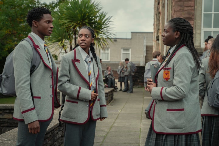 In Season 3 of "Sex Education," Jackson (left) develops a crush on Cal (center), which Vivienne (right) takes note of as she tutors him.