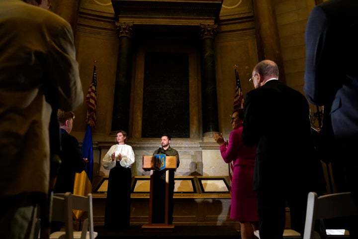 Ukrainian President Volodymyr Zelenskyy and his wife, Olena Zelenska, at the National Archives building in Washington on Thursday.