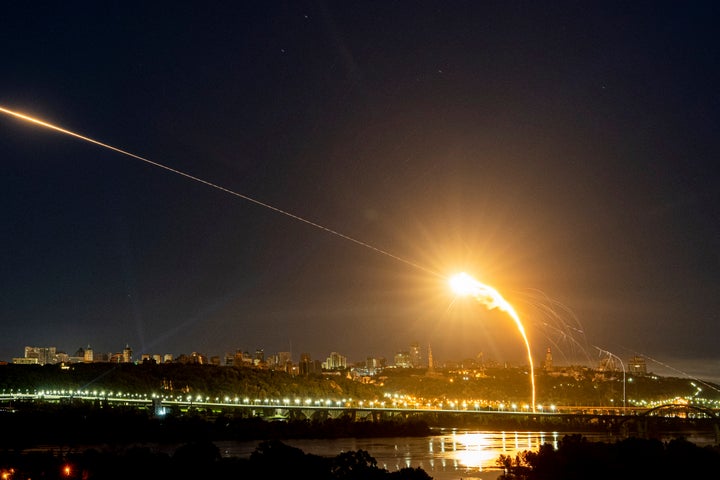 Ukrainian air defense intercepts a Shahed drone midair during a Russian attack on the capital of Kyiv on May 30.