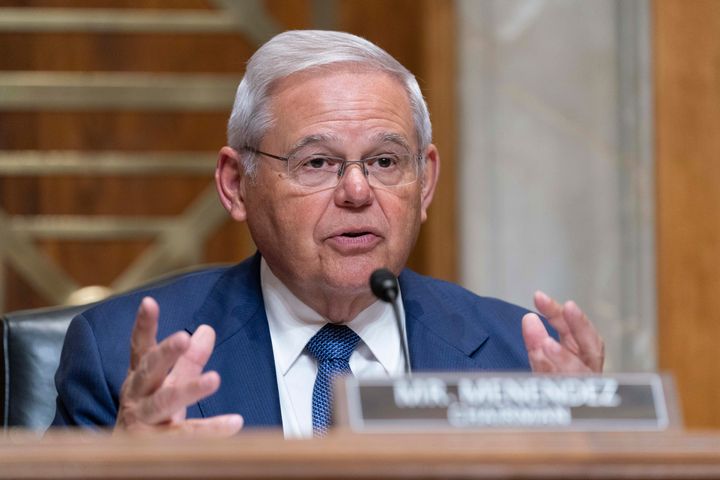 FILE - Sen. Bob Menendez, D-N.J., chair of the Senate Foreign Relations Committee speaks during Senate Foreign Relations Committee hearing on Capitol Hill, March 22, 2023, in Washington. Menendez and his wife have been indicted on charges of bribery. Federal prosecutors on Friday announced the charges against the 69-year-old Democrat nearly six years after an earlier criminal case against him ended with a deadlocked jury. (AP Photo/Jose Luis Magana, File)