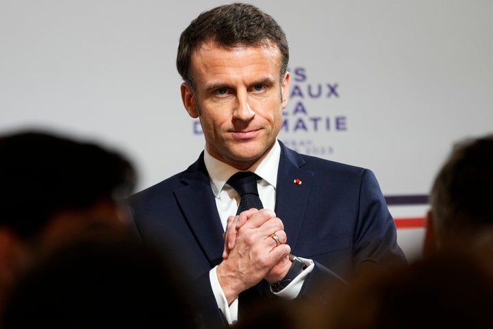 French President Emmanuel Macron delivers his speech during the National Roundtable on Diplomacy at the foreign ministry in Paris, Thursday, March 16, 2023. France's Foreign Ministry is undertaking a sweeping review of its vast diplomatic corps, an effort driven by President Emmanuel Macron to adapt French diplomacy to 21st century challenges. (AP Photo/Michel Euler, Pool)