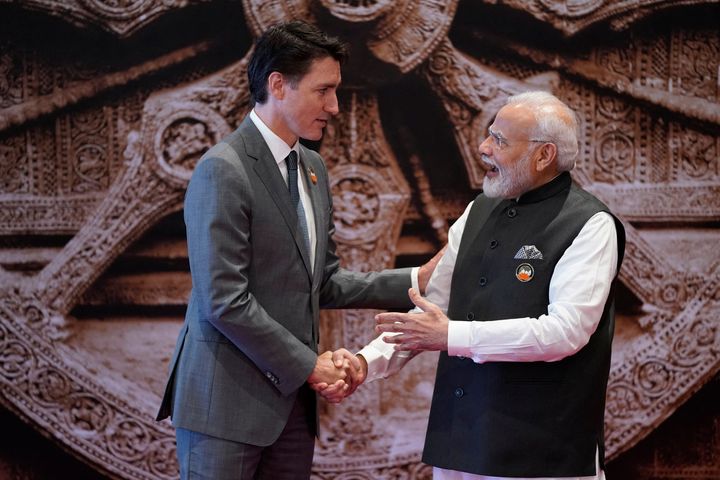 India's Prime Minister Narendra Modi (R) shakes hand with Canada's Prime Minister Justin Trudeau ahead of the G20 Leaders' Summit in New Delhi on September 9, 2023. Trudeau has accused the Indian government of being involved in the assassination of a Sikh Canadian citizen and activist.