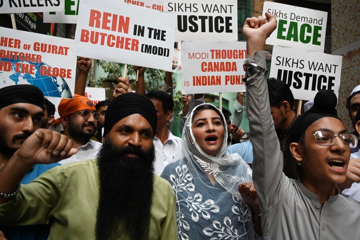 Members of Pakistan's Sikh community take part in a protest in Peshawar on September 20, 2023, following the killing in Canada of Sikh leader Hardeep Singh Nijjar. India on September 19 rejected the "absurd" allegation that its agents were behind the killing of Nijjar in Canada, after Prime Minister Justin Trudeau's bombshell accusation sent already sour diplomatic relations to a new low.