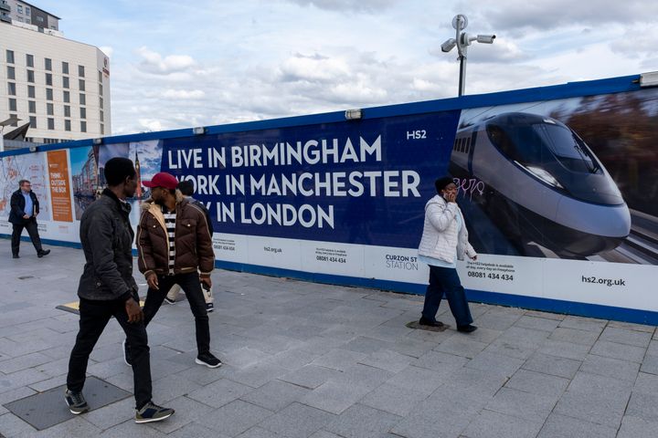 Promotional hoardings surrounding the cconstruction site as work continues on the HS2 mainline station at Curzon Street in Birmingham