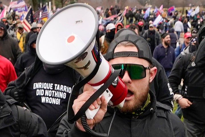 Ethan Nordean, a member of the Proud Boys, walks toward the U.S. Capitol on Jan. 6, 2021.