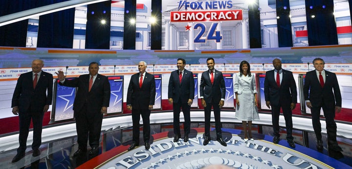 The Republican presidential candidates at the Aug. 23 debate in Milwaukee (from left): former Arkansas Gov. Asa Hutchinson, former New Jersey Gov. Chris Christie, former Vice President Mike Pence, Florida Gov. Ron DeSantis, entrepreneur Vivek Ramaswamy, former South Carolina Gov. Nikki Haley, Sen. Tim Scott (R-S.C.) and North Dakota Gov. Doug Burgum. Hutchinson did not qualify for this week's debate.