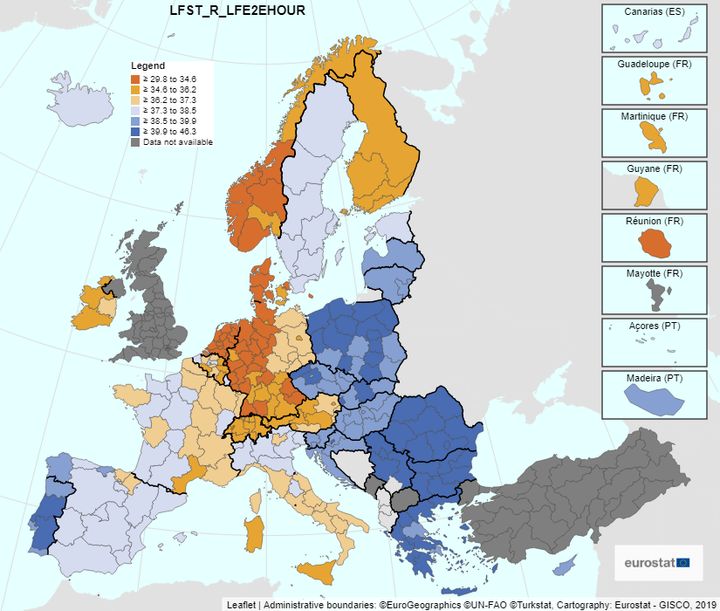 Με το μπλε χρώμα ξεχωρίζουν στον χάρτη οι χώρες όπου οι ώρες ανά εργαζόμενο / εβδομάδα είναι οι περισσότερες στην Ευρώπη.