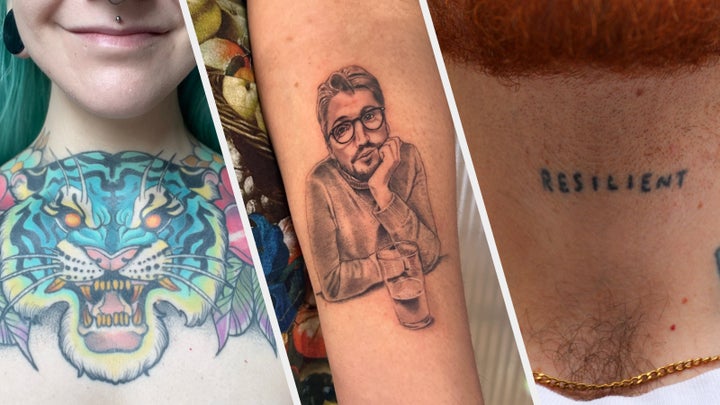 Rowan (image far left): “My tattoo is by Sophie Bellingham from Cap in Hand tattoo in Loanhead, @sophiebellinghamtattoos. I got it after a long term abusive relationship, my ex made a lot of comments about my appearance and I was learning to let go of his voice in my head. I had originally planned for it to be on my stomach, but my skin’s too soft and it would have warped the design so we put it on my chest. It's been a game-changer in me seeing myself the way I want to and not how others dictate.”