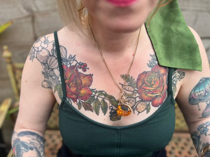 The writer’s chest tattoo to celebrate her 40th birthday, by Kate Mackay Gill, @kate_selkie / https://www.instagram.com/kate_selkie/