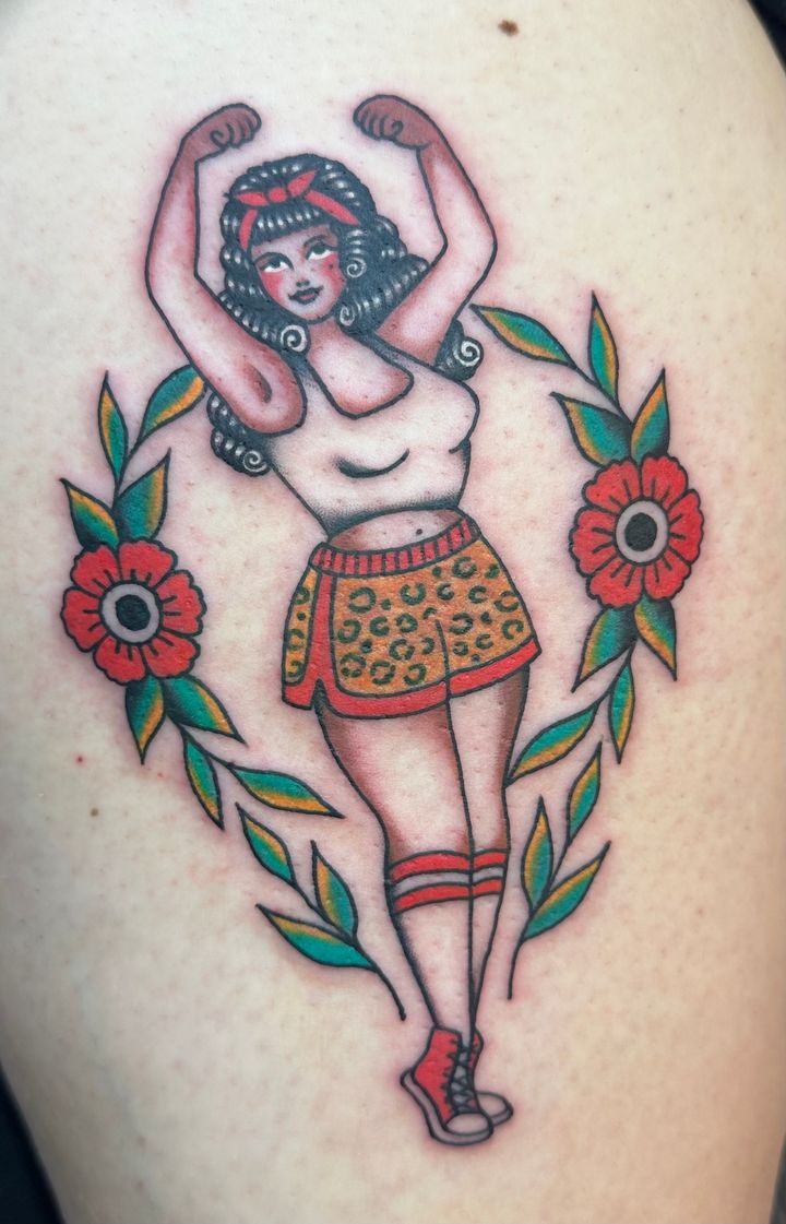 Becoming a strongwoman has changed Louisa’s view of her legs – which is why she wanted to get a tattoo on her thigh. Tattoo by Sam Murphy of Seven Stones in Bristol, @sammurphytattoo