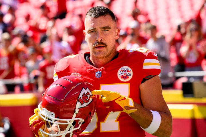 Kansas City Chiefs tight end Travis Kelce warms up before a game against the Chicago Bears on Sept. 24, 2023, in Kansas City, Missouri. Taylor Swift and Kelce's mom were in attendance as the Chiefs crushed the Bears 41-10.