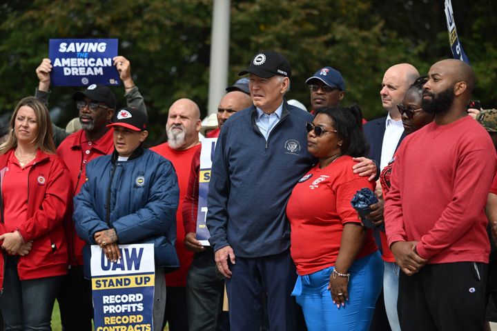 President Joe Biden joins a picket line with members of the United Auto Workers union at a General Motors Service Parts Operations plant in Belleville, Michigan.
