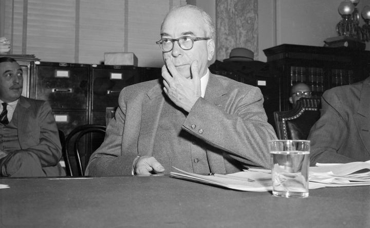 Lewis Strauss, chairman of the Atomic Energy Commission, appears before a Senate anti-monopoly subcommittee in 1955 that reopened hearings on a canceled multimillion-dollar power contract. Strauss's reluctance to reveal the internal debates at the AEC, a predecessor to Nuclear Regulatory Commission, prompted Congress to amend the Atomic Energy Act to require mandatory uncontested hearings.