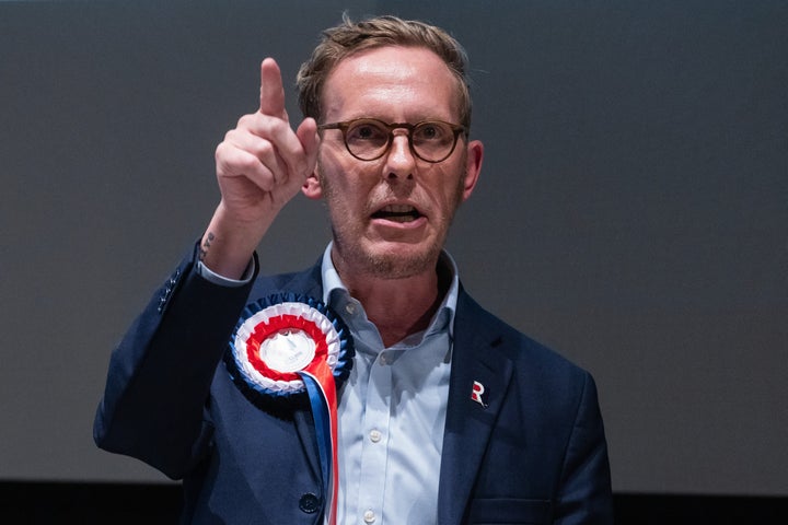 Candidate Laurence Fox (Reclaim Party) addresses hustings for the Uxbridge and South Ruislip by-election at Brunel University in Uxbridge on 13 July 2023