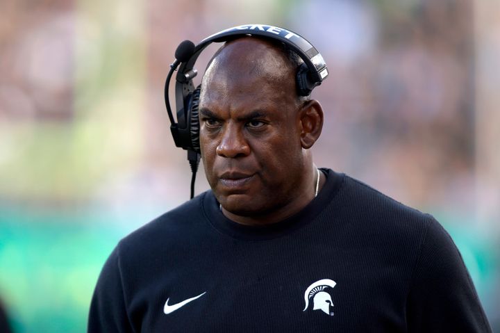 FILE - Michigan State coach Mel Tucker walks the sideline during the second half of an NCAA college football game against Richmond, Saturday, Sept. 9, 2023, in East Lansing, Mich. (AP Photo/Al Goldis, File)