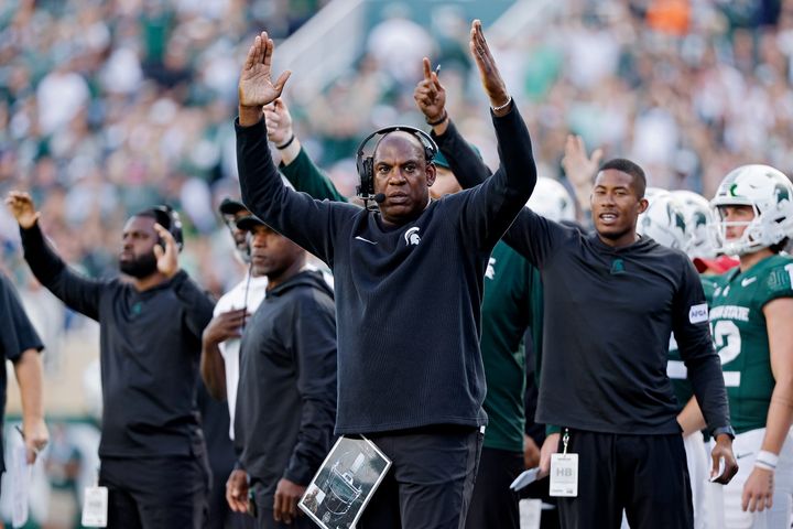 EAST LANSING, MICHIGAN - SEPTEMBER 09: Head coach Mel Tucker of the Michigan State Spartans reacts to a touchdown review in the second half of a game against the Richmond Spiders at Spartan Stadium on September 09, 2023 in East Lansing, Michigan. (Photo by Mike Mulholland/Getty Images)