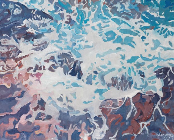 Βασίλης Θεοχαράκης, Τα κύματα που χτυπούν αδυσώπητα τα βράχια, 2021 Λάδι σε μουσαμά, 80 x 100 εκ. 