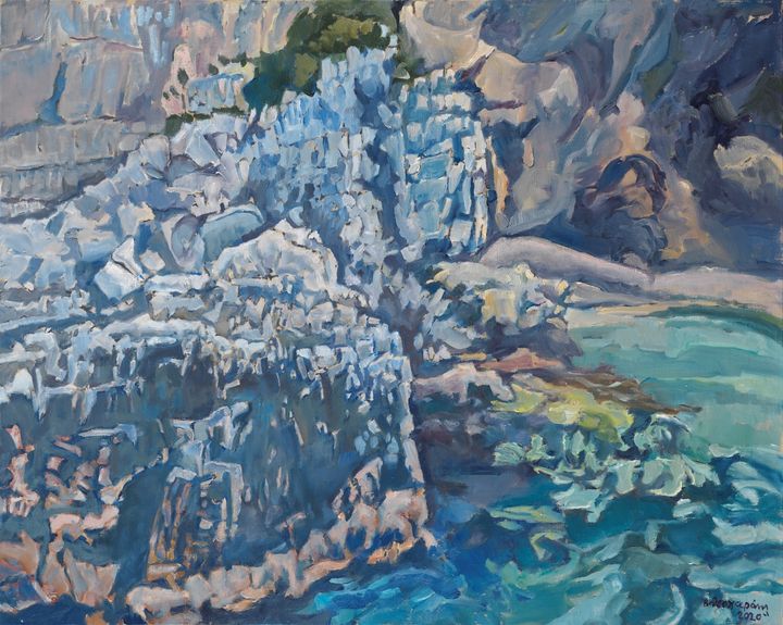 Βασίλης Θεοχαράκης, Σπάνια σχήματα βράχων σε ήρεμη θάλασσα, 2020 Λάδι σε μουσαμά, 80 x 100 εκ (2) (1) (1)