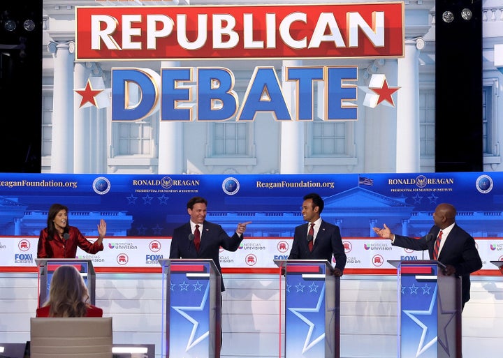 Republican presidential candidates (L-R), former U.N. Ambassador Nikki Haley, Florida Gov. Ron DeSantis, Vivek Ramaswamy and U.S. Sen. Tim Scott (R-SC) participate in the FOX Business Republican Primary Debate at the Ronald Reagan Presidential Library on September 27, 2023 in Simi Valley, California.