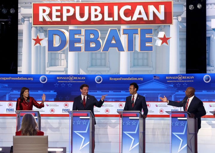 Republican presidential candidates (L-R), former U.N. Ambassador Nikki Haley, Florida Gov. Ron DeSantis, Vivek Ramaswamy and U.S. Sen. Tim Scott (R-SC) participate in the FOX Business Republican Primary Debate at the Ronald Reagan Presidential Library on September 27, 2023 in Simi Valley, California. 