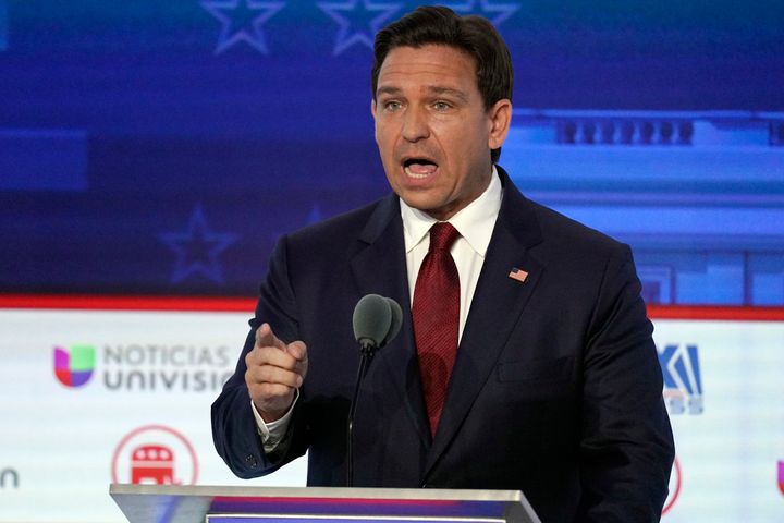 Florida Gov. Ron DeSantis speaks Wednesday during the Republican presidential primary debate hosted by Fox Business Network and Univision at the Ronald Reagan Presidential Library in Simi Valley, California.