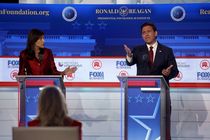 Former U.N. Ambassador Nikki Haley and Florida Gov. Ron DeSantis participate in the second Republican primary debate ahead of the 2024 election. 