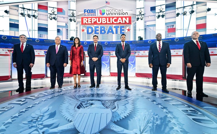 Republican presidential candidates at the second primary debate Wednesday night were, from left, North Dakota Gov. Doug Burgum, former New Jersey Gov. Chris Christie, former South Carolina Gov. Nikki Haley, Florida Gov. Ron DeSantis, entrepreneur Vivek Ramaswamy, Sen. Tim Scott (S.C.) and former Vice President Mike Pence.
