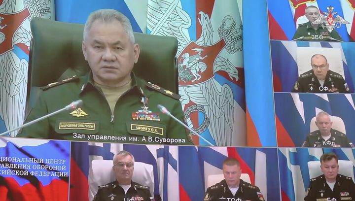 Commander of the Russian Black Sea Fleet Viktor Sokolov (Bottom L), on the screen at the meeting that Russian Defence Minister Sergei Shoigu holds with Ministry officials in Moscow on September 26, 2023. 