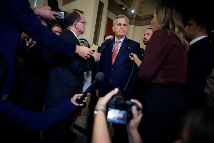 House Speaker Kevin McCarthy (R-Calif.) pauses to talk to reporters as he heads to the House Chamber for a vote at the U.S. Capitol on Wednesday.