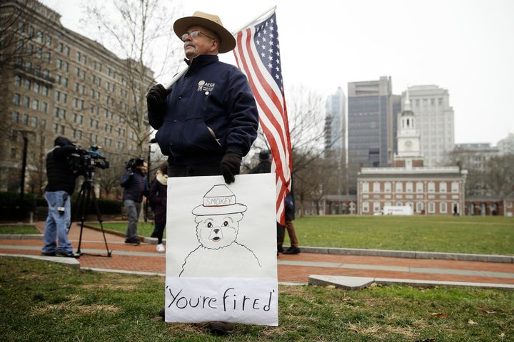 David Fitzpatrick, an employee of the the National Park Service, demonstrates against the partial government shutdown in view of Independence Hall in Philadelphia in January 2019. 