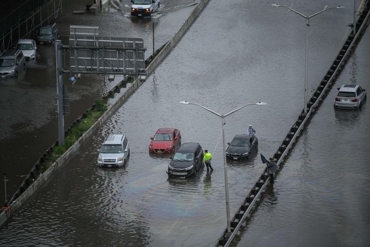 A general view shows cars stranded in floodwater on the FDR highway in Manhattan, New York on September 29, 2023. (Photo by Ed JONES / AFP) (Photo by ED JONES/AFP via Getty Images)