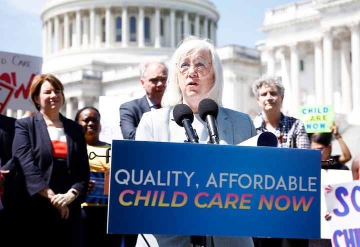 Sen. Patty Murray (D-Wash.), seen here calling for major child care reform in 2022, has been among the Democrats hoping to an extend a smaller package of emergency funding that runs out at the end of September.