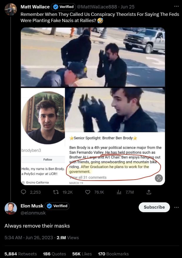 Elon Musk promoted the false conspiracy that 22-year-old Ben Brody was a federal agent pretending to be a neo-Nazi.