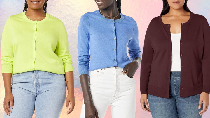 The Amazon Essentials cotton blend crewneck cardigan comes in 27 colors.